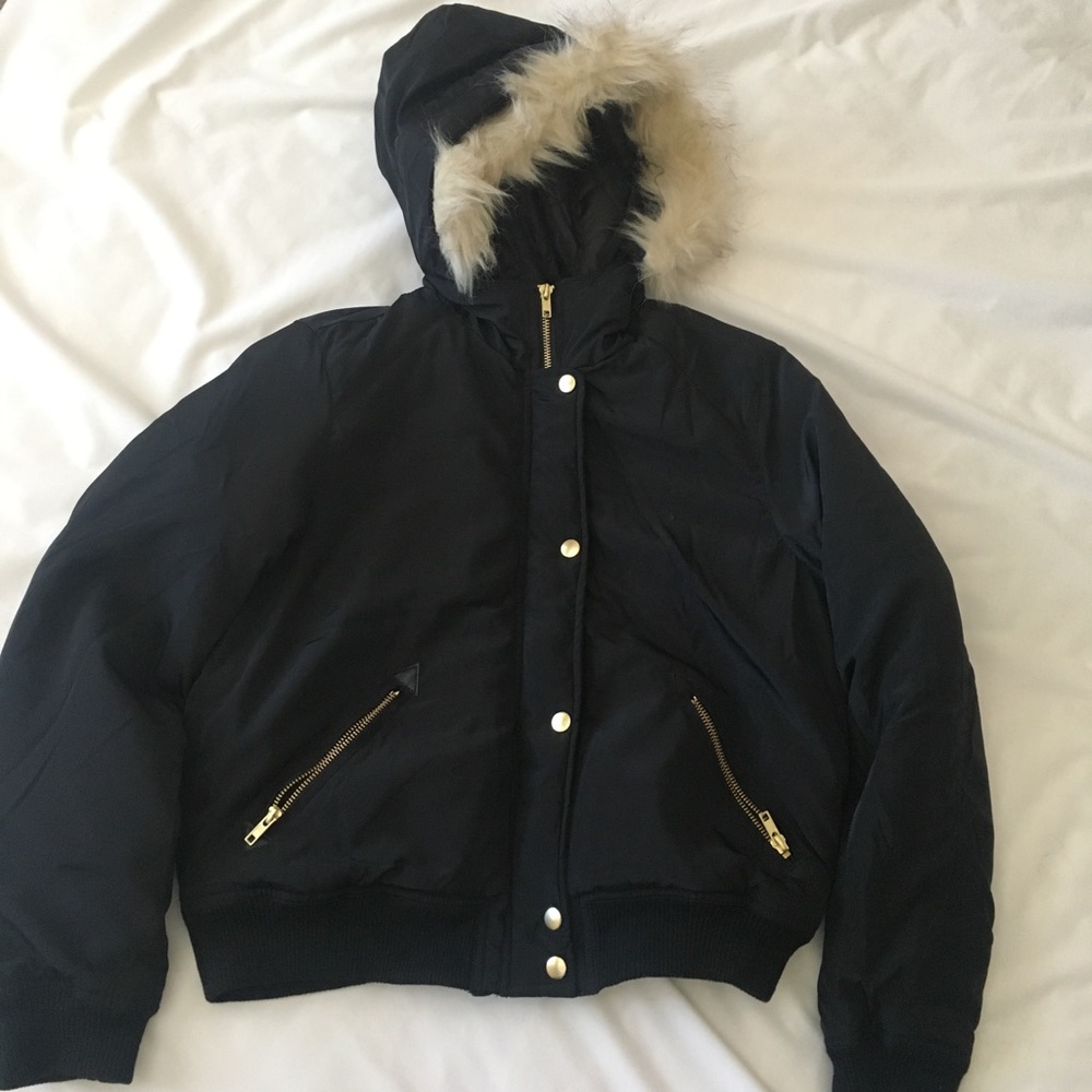 Bomber jacket with removable fur lining hood